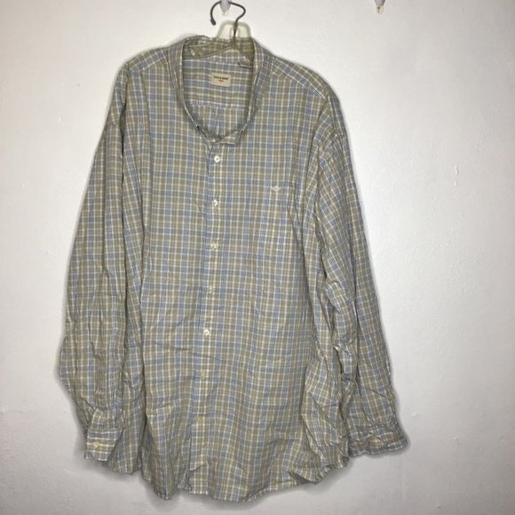 Dockers Men Button Up Plaid Shirt Long Sleeve Tan Blue White Size 4XL - Picture 1 of 4